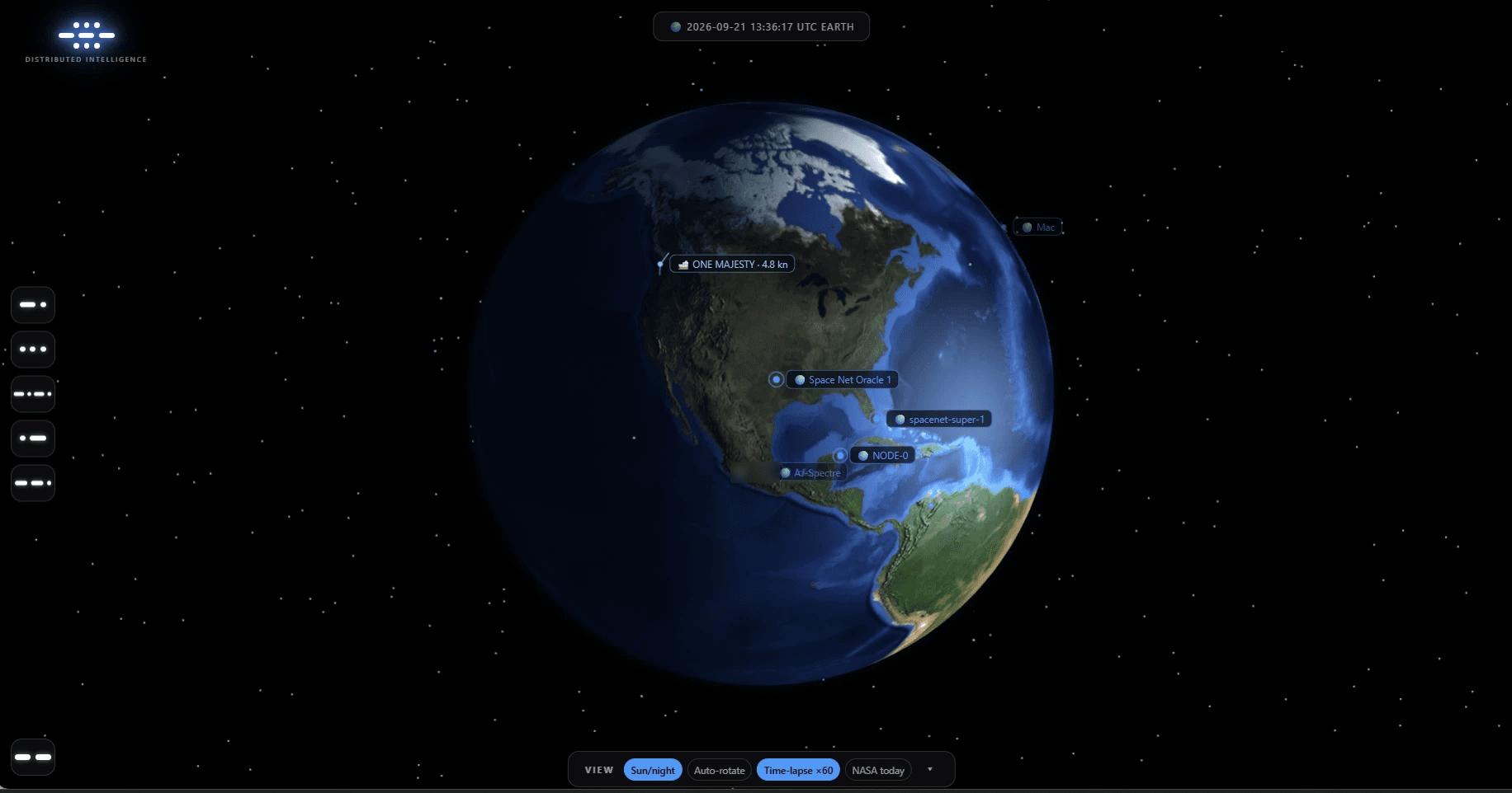 The SOS desktop: app buttons on the left and the live Earth view with the network's oracles, super nodes and vessels